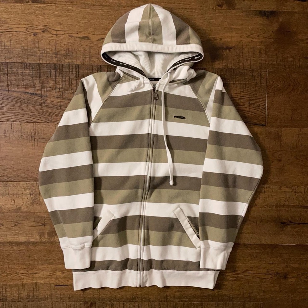 Matix Zip Up Hoodie Mens M Brown Striped Skater Y2K Thermal Lined Heavyweight